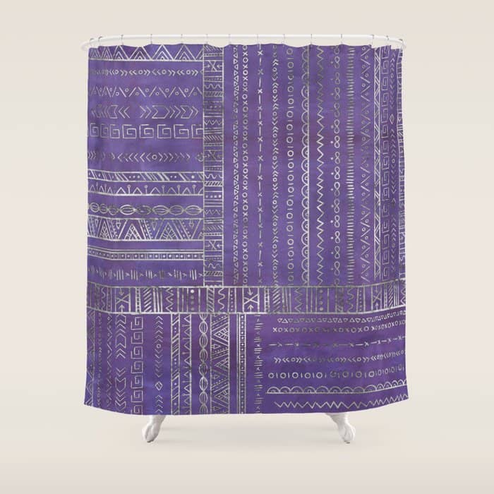 Tribal Ethnic Pattern Silver On  Purple Shower Curtain