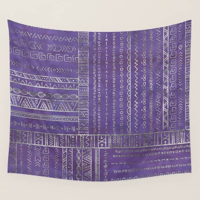 Tribal Ethnic Pattern Silver On  Purple Wall Tapestry