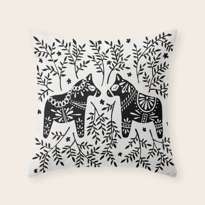 Swedish Dala Horses - Black Palette Throw Pillow