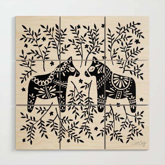 Swedish Dala Horses - Black Palette Wood Wall Art