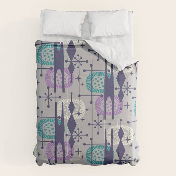 Retro Atomic Mid Century Pattern Grey Teal Blue And Lavender Comforter