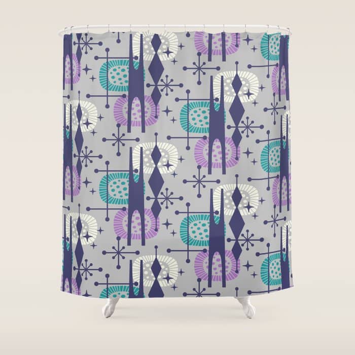 Retro Atomic Mid Century Pattern Grey Teal Blue And Lavender Shower Curtain