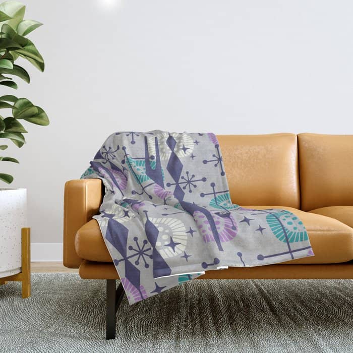Retro Atomic Mid Century Pattern Grey Teal Blue And Lavender Throw Blanket