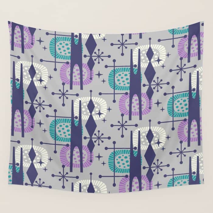 Retro Atomic Mid Century Pattern Grey Teal Blue And Lavender Wall Tapestry
