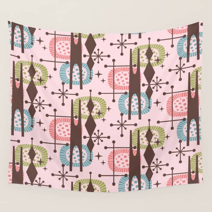 Retro Atomic Mid Century Pattern Pink Green Blue And Brown Wall Tapestry
