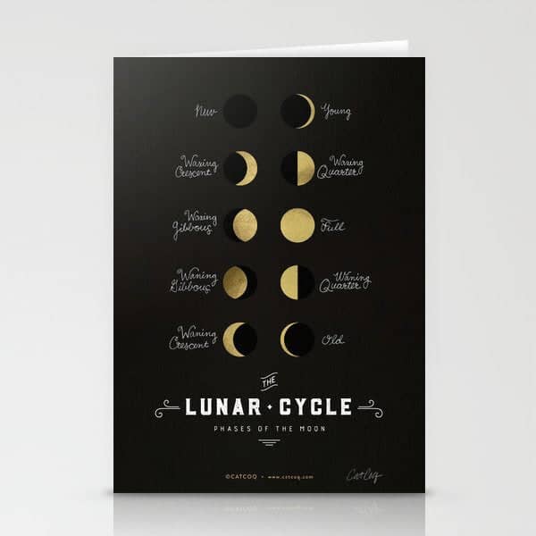 The Lunar Cycle â¢ Phases Of The Moon - Black & Gold Palette Stationery Card