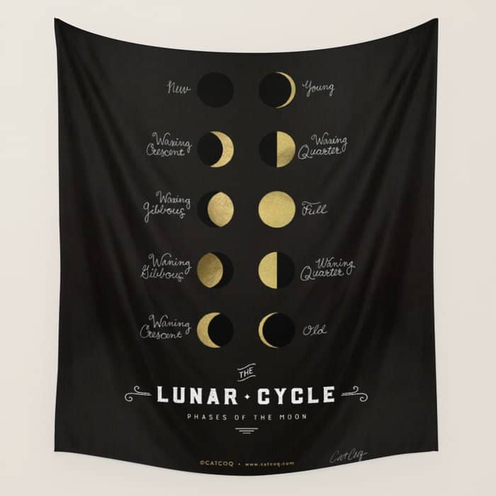 The Lunar Cycle â¢ Phases Of The Moon - Black & Gold Palette Wall Tapestry