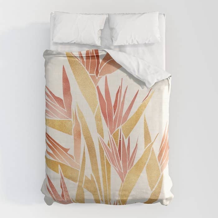 Metallic Gold Bird Of Paradise Flowers Duvet Cover