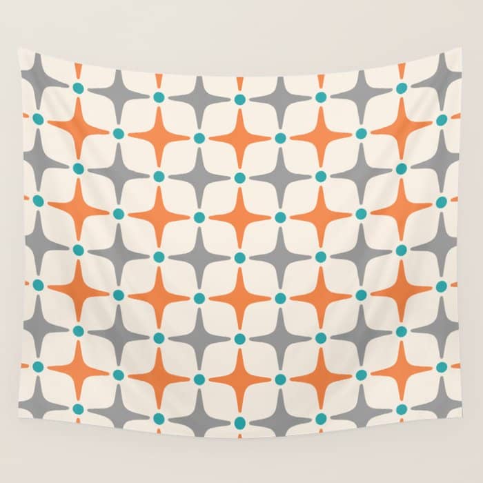 Mid Century Modern Starburst Pattern 993 Pattern Grey Blue And Orange Wall Tapestry