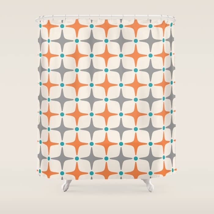 Mid Century Modern Starburst Pattern 993 Pattern Grey Blue And Orange Shower Curtain