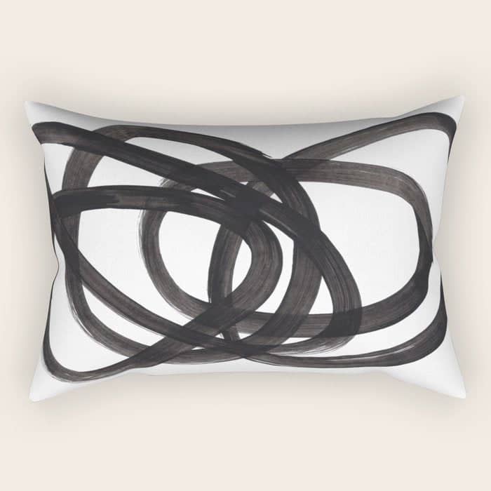Black And White Minimalist Mid Century Abstract Ink Art Circle Swirls Black Circles Minimal Rectangular Pillow