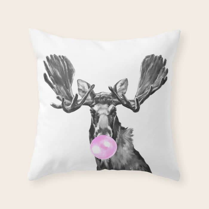 Bubble Gum Moose In Black And White Throw Pillow