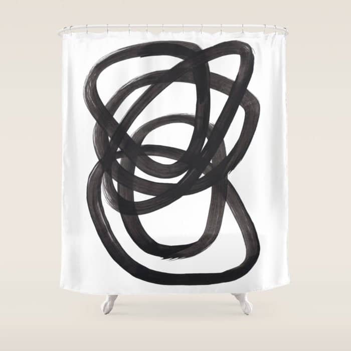 Black And White Minimalist Mid Century Abstract Ink Art Circle Swirls Black Circles Minimal Shower Curtain