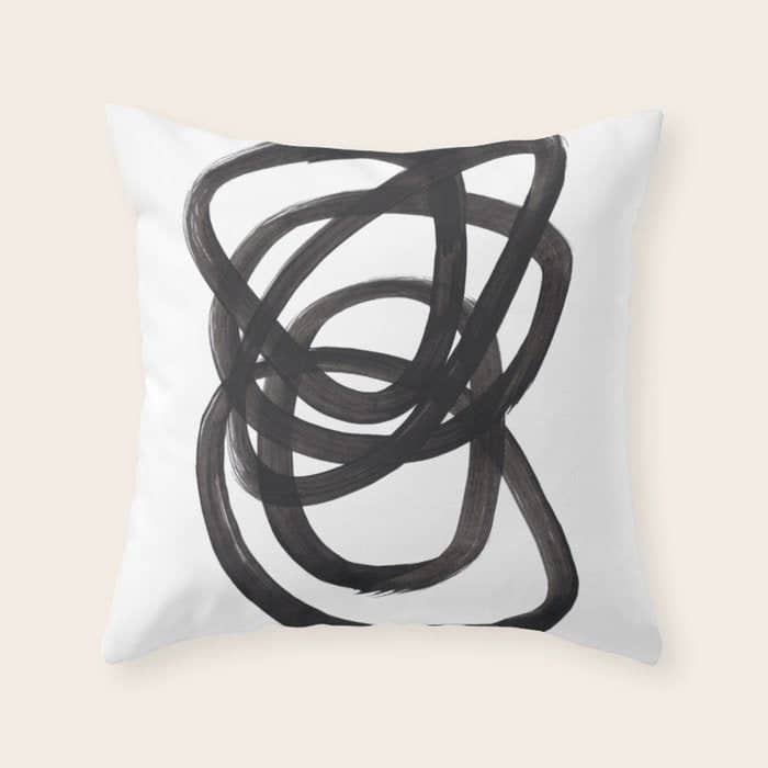 Black And White Minimalist Mid Century Abstract Ink Art Circle Swirls Black Circles Minimal Throw Pillow