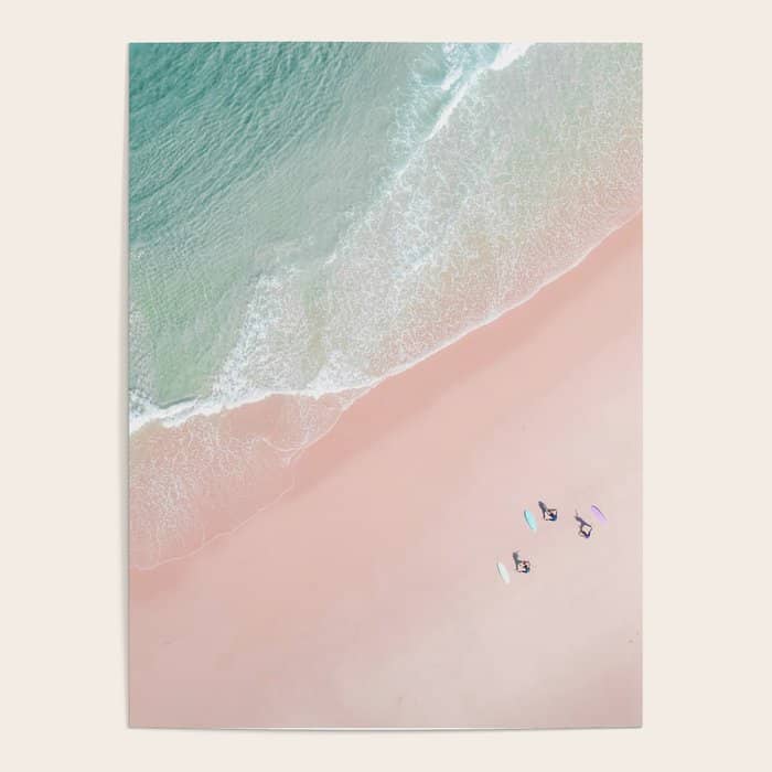 Surf Yoga Ii - Aerial Pink Beach Print - Ocean - Sea Travel Photography By Ingrid Beddoes Poster