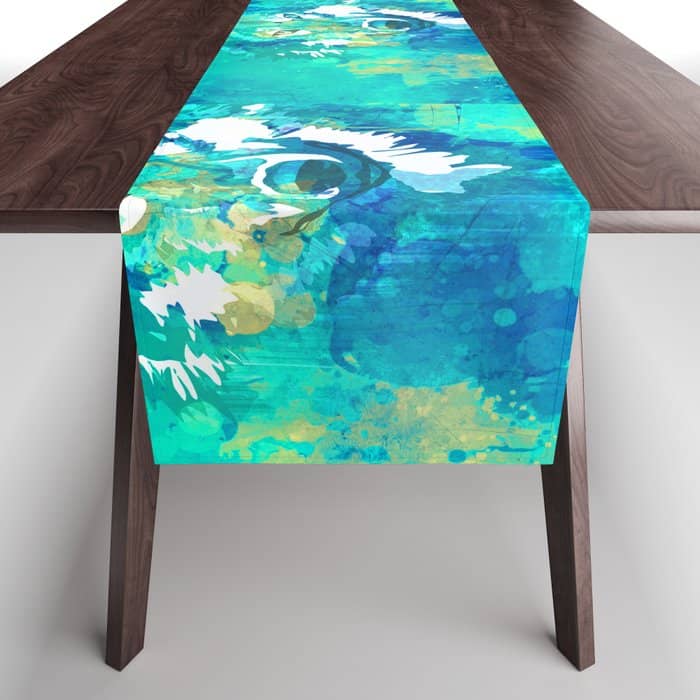 Teal Yellow Hand Painted Watercolor Wolf Table Runner