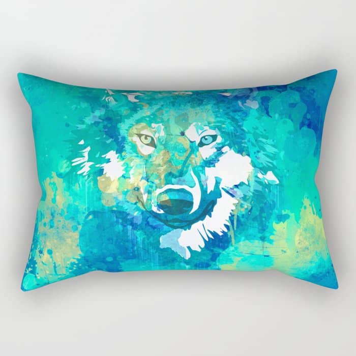 Teal Yellow Hand Painted Watercolor Wolf Rectangular Pillow