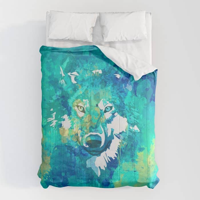 Teal Yellow Hand Painted Watercolor Wolf Comforter