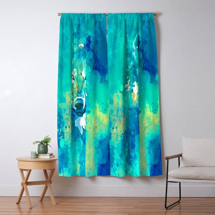 Teal Yellow Hand Painted Watercolor Wolf Window Curtain