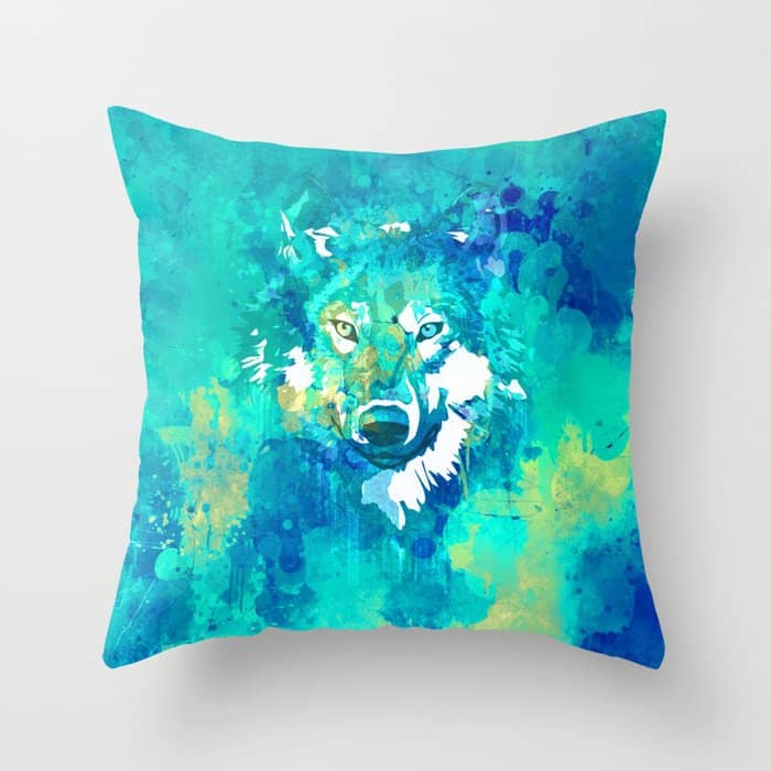Teal Yellow Hand Painted Watercolor Wolf Throw Pillow