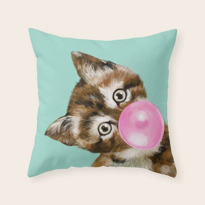 Bubble Gum Baby Cat In Green Throw Pillow
