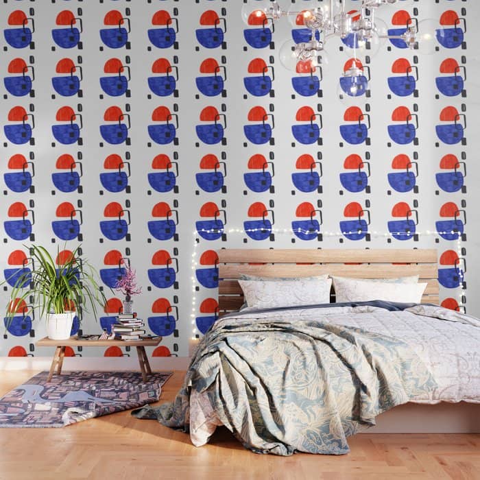 Mid Century Modern Abstract Minimalist Art Colorful Shapes Vintage Retro Style Orange Blue Shapes Wallpaper