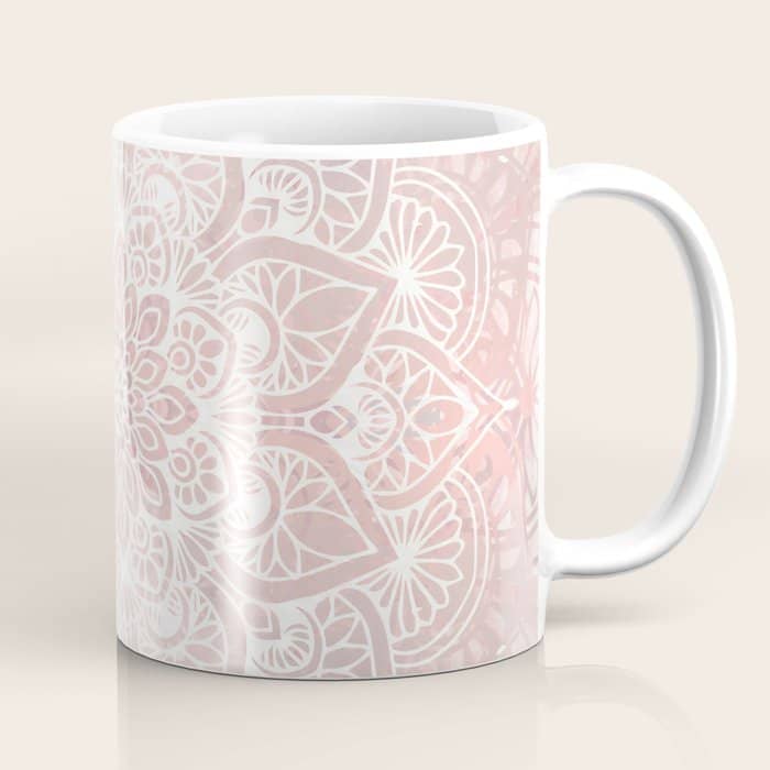 Mandala Yoga Love, Blush Pink Floral Coffee Mug