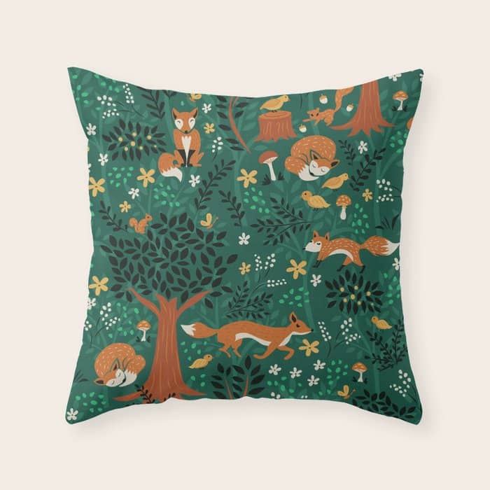 Foxes Playing In The Emerald Forest Throw Pillow