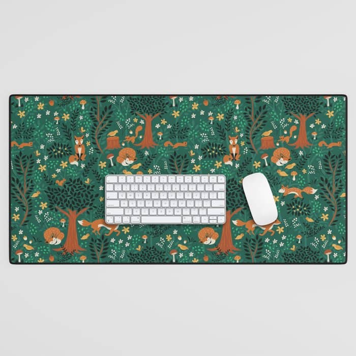 Foxes Playing In The Emerald Forest Desk Mat