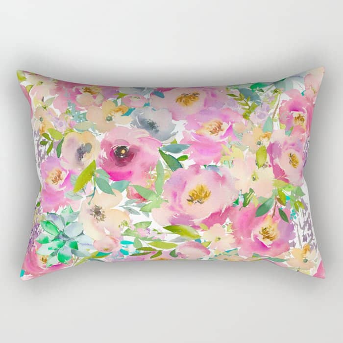 Elegant Blush Pink Lavender Green Watercolor Floral Rectangular Pillow