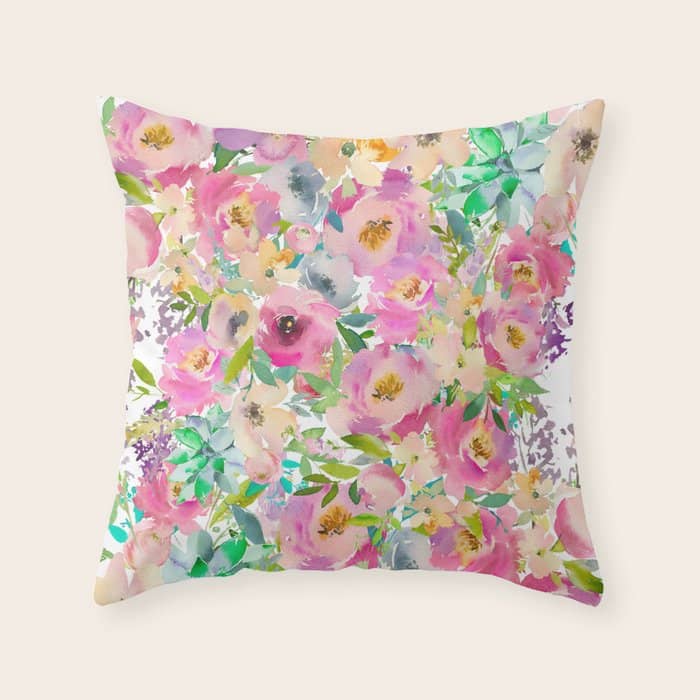 Elegant Blush Pink Lavender Green Watercolor Floral Throw Pillow
