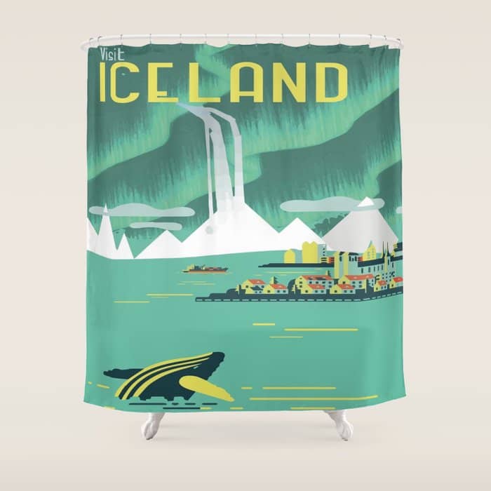 Vintage Mid Century Modern Iceland Scandinavian Travel Poster Ocean Whale Winter Village Shower Curtain