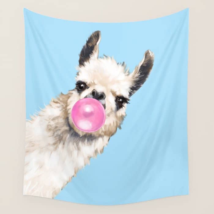 Bubble Gum Sneaky Llama In Blue Wall Tapestry