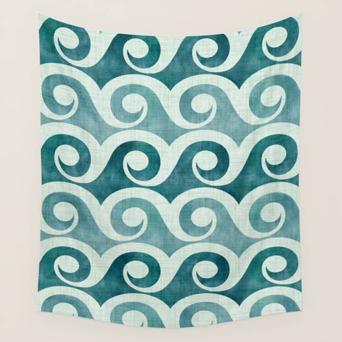 Vintage Waves Tropical Teal Geometric Pattern Wall Tapestry