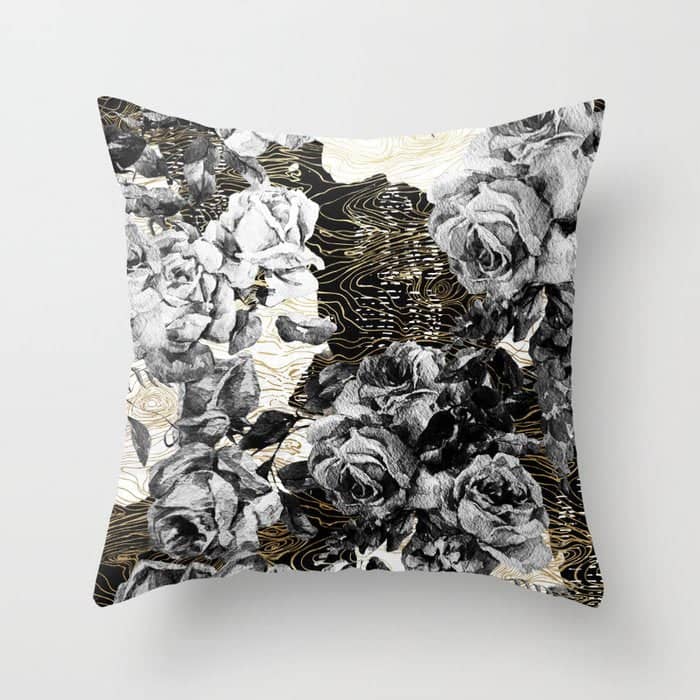 Dark Abstract Bloom Over Golden Lines Throw Pillow