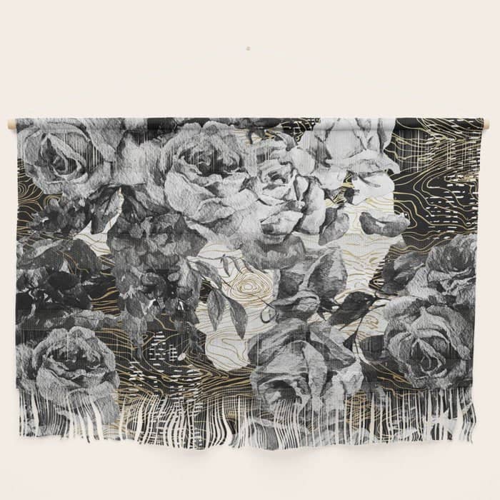 Dark Abstract Bloom Over Golden Lines Wall Hanging