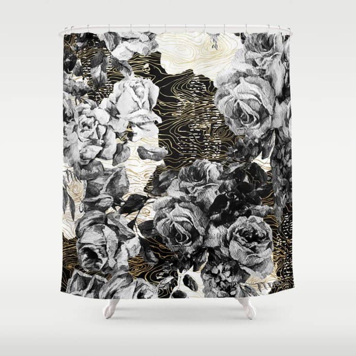 Dark Abstract Bloom Over Golden Lines Shower Curtain