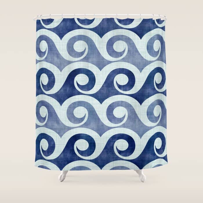 Indigo Geometric Beach Waves Shower Curtain