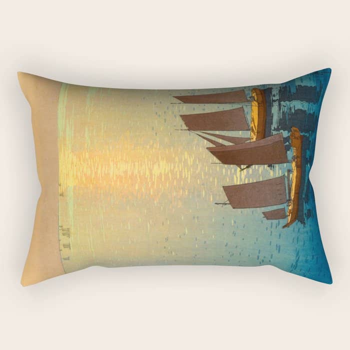 Hiroshi Yoshida Vintage Japanese Woodblock Art Ocean Sunset Sailboat Orange Blue Color Hues Rectangular Pillow