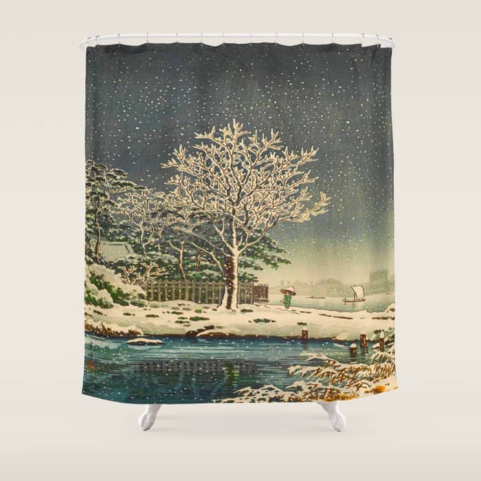 Tsuchiya KôItsu Japanese Woodblock Vintage Print Winter Landscape Snowfall Shower Curtain