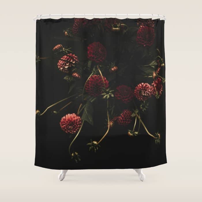 Flower Photography - Red Flowers - Dahlias - Elegant Dark Dramatic Floral Print Shower Curtain