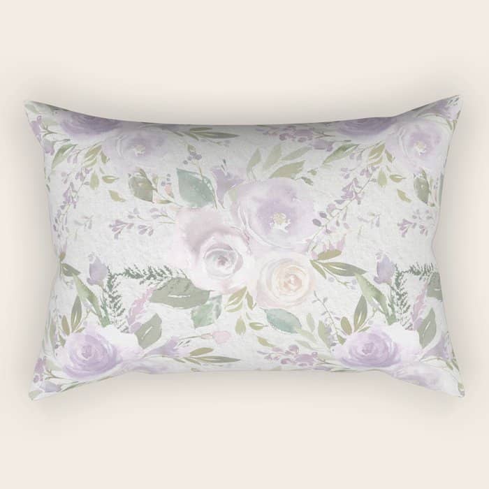 Lavender Pastel Green White Watercolor Floral Pattern Rectangular Pillow