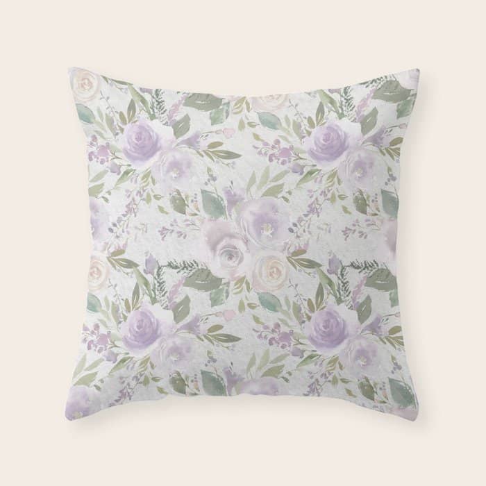 Lavender Pastel Green White Watercolor Floral Pattern Throw Pillow