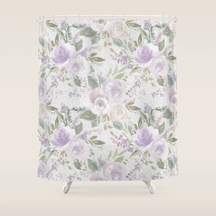 Lavender Pastel Green White Watercolor Floral Pattern Shower Curtain