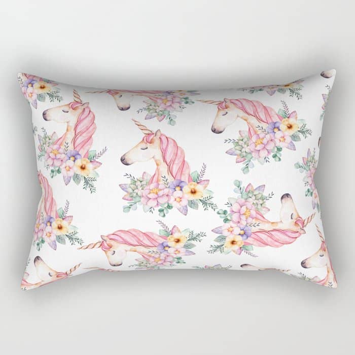 Pink Lilac Yellow Green Watercolor Magical Unicorn Floral Rectangular Pillow
