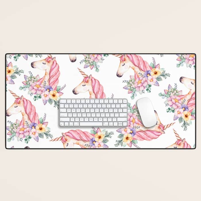 Pink Lilac Yellow Green Watercolor Magical Unicorn Floral Desk Mat