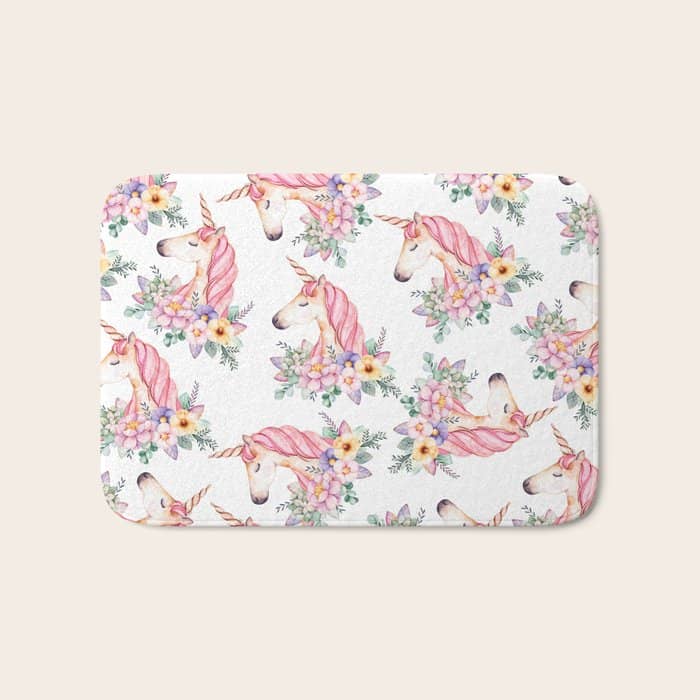 Pink Lilac Yellow Green Watercolor Magical Unicorn Floral Bath Mat