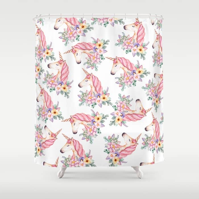 Pink Lilac Yellow Green Watercolor Magical Unicorn Floral Shower Curtain