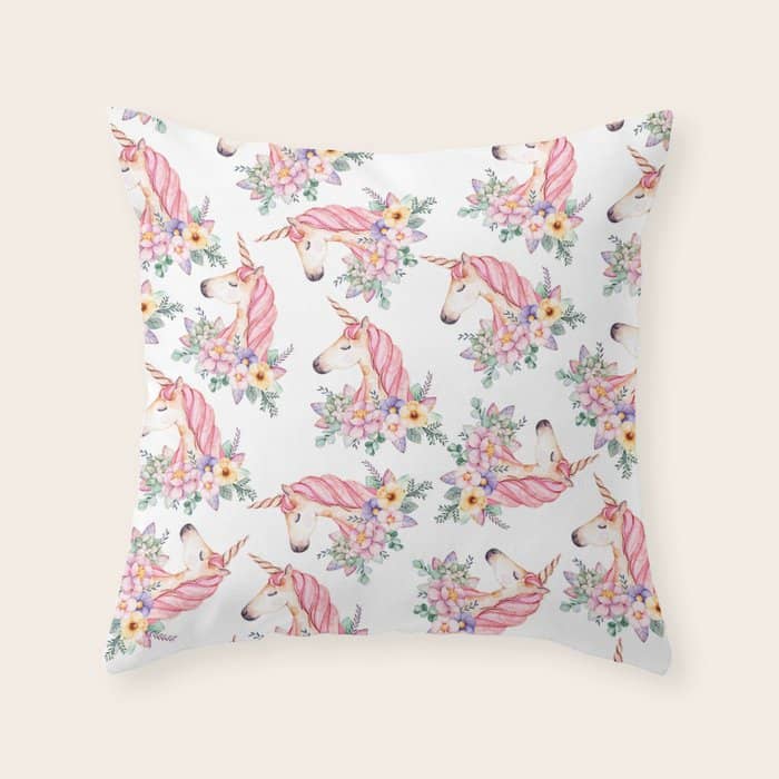 Pink Lilac Yellow Green Watercolor Magical Unicorn Floral Throw Pillow