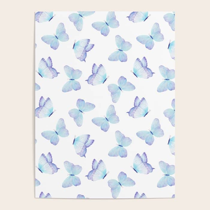 Lilac Aqua Blue Watercolor Hand Painted Butterfly Poster